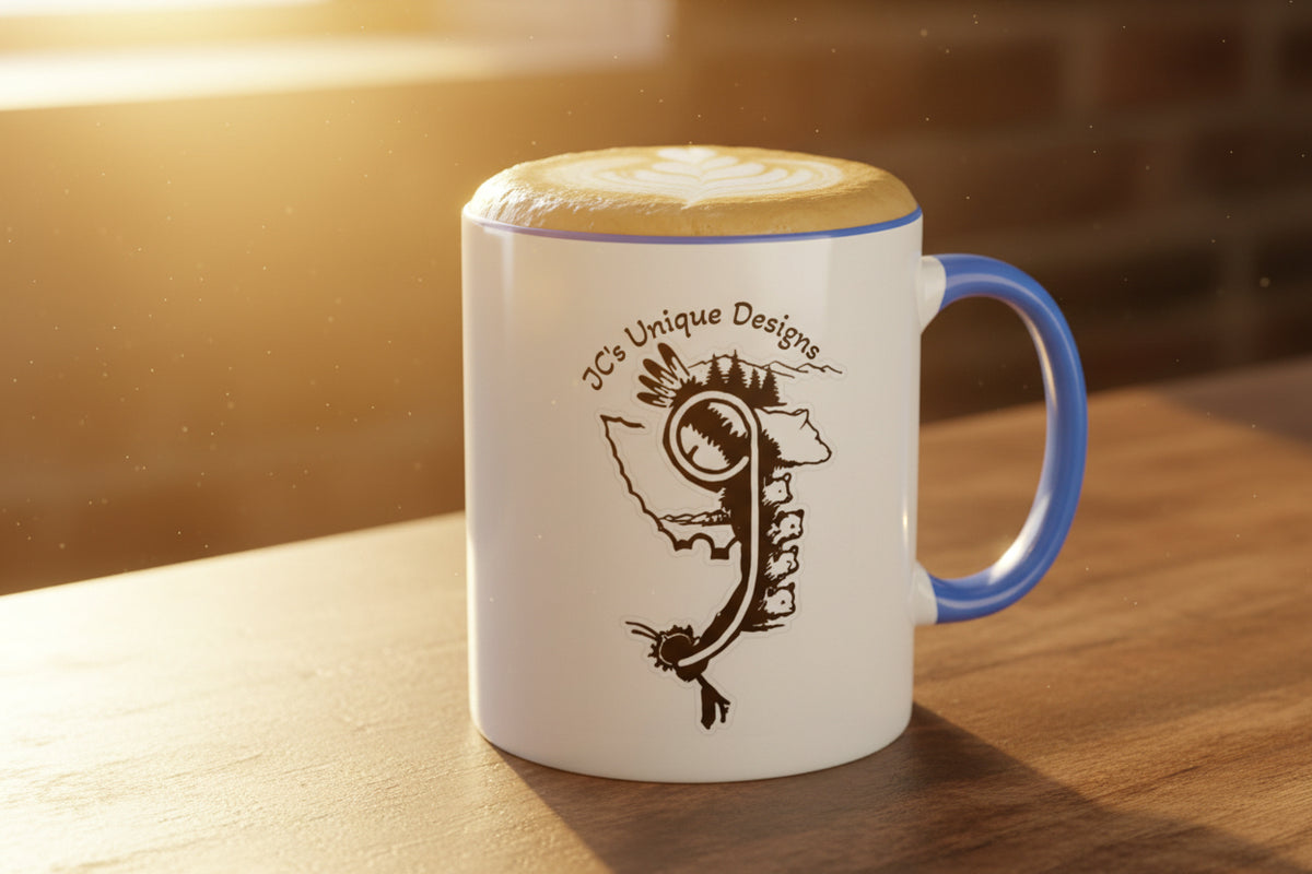 JC's Unique Designs Logo Coffee Mug — Two-Tone 11oz Ceramic