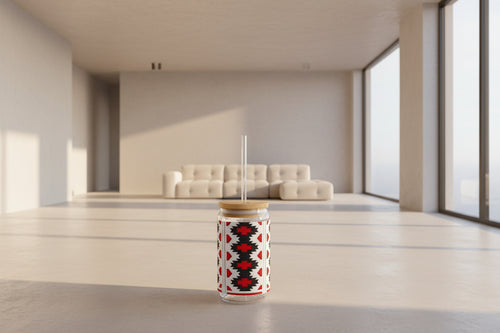 Aztec Red & Black Pattern Sipper Glass — 16 oz Bamboo Lid Tumbler