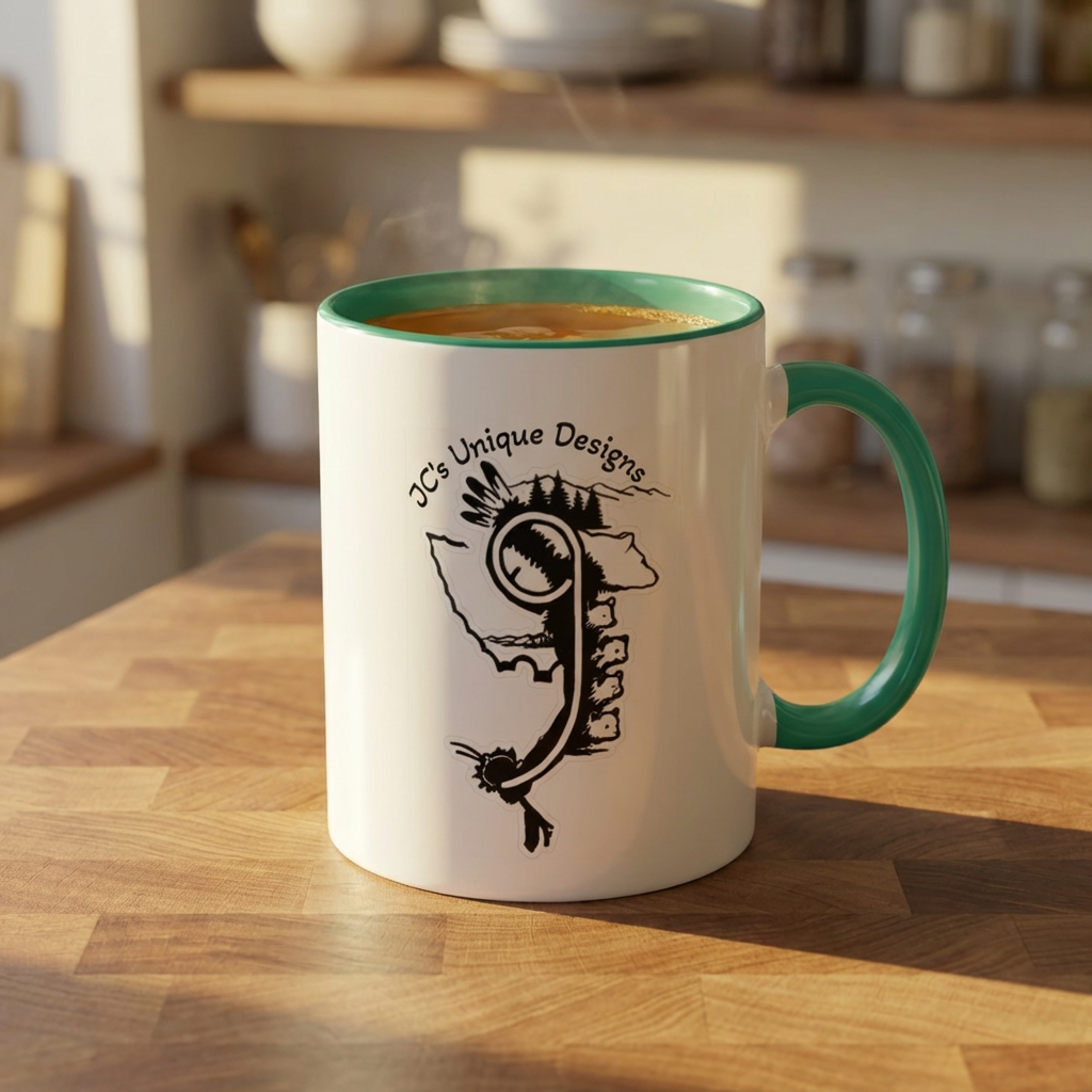 JC's Unique Designs Logo Coffee Mug — Two-Tone 11oz Ceramic
