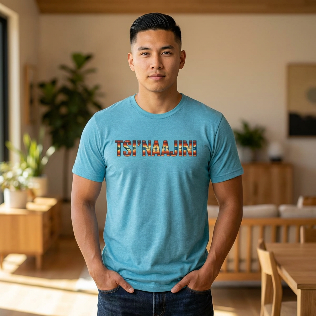 T-Shirt - "Tsi’naajini" Navajo Pattern Text Tee — Indigenous Pride Casual Shirt