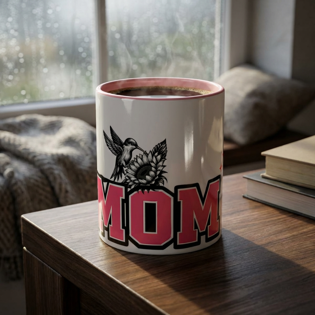 Mom Coffee Mug — Pink Floral Hummingbird Accent Mug for Mother's Day