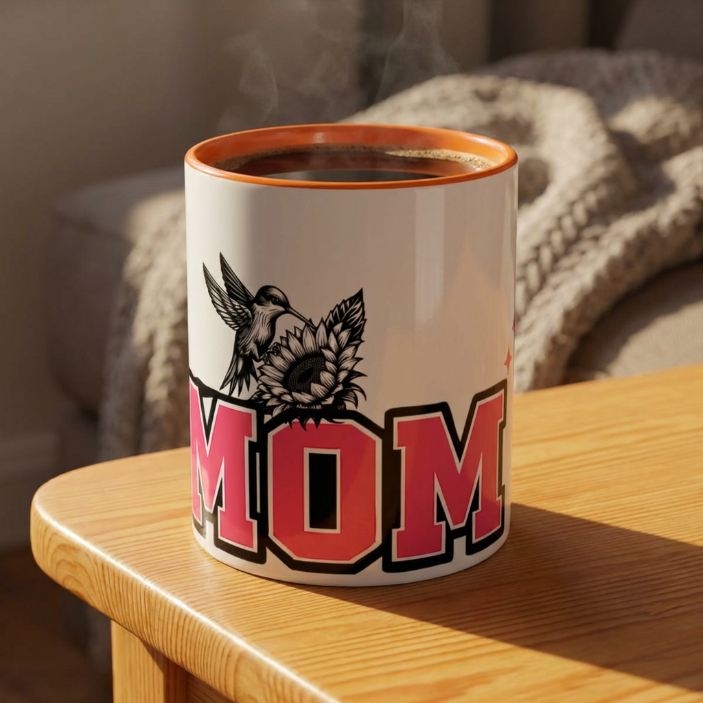 Mom Coffee Mug — Pink Floral Hummingbird Accent Mug for Mother's Day
