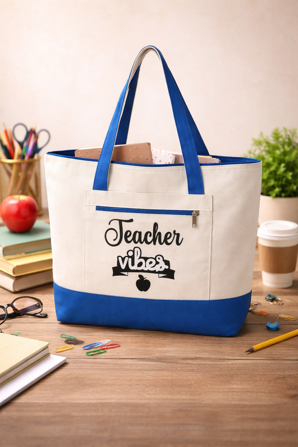 Teacher Vibes Zippered Canvas Tote