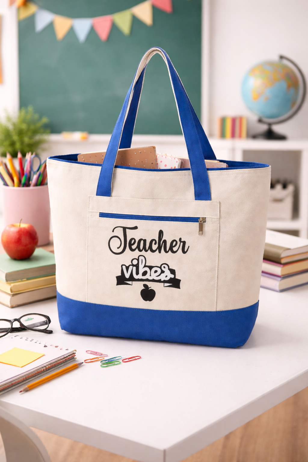 Teacher Vibes Zippered Canvas Tote