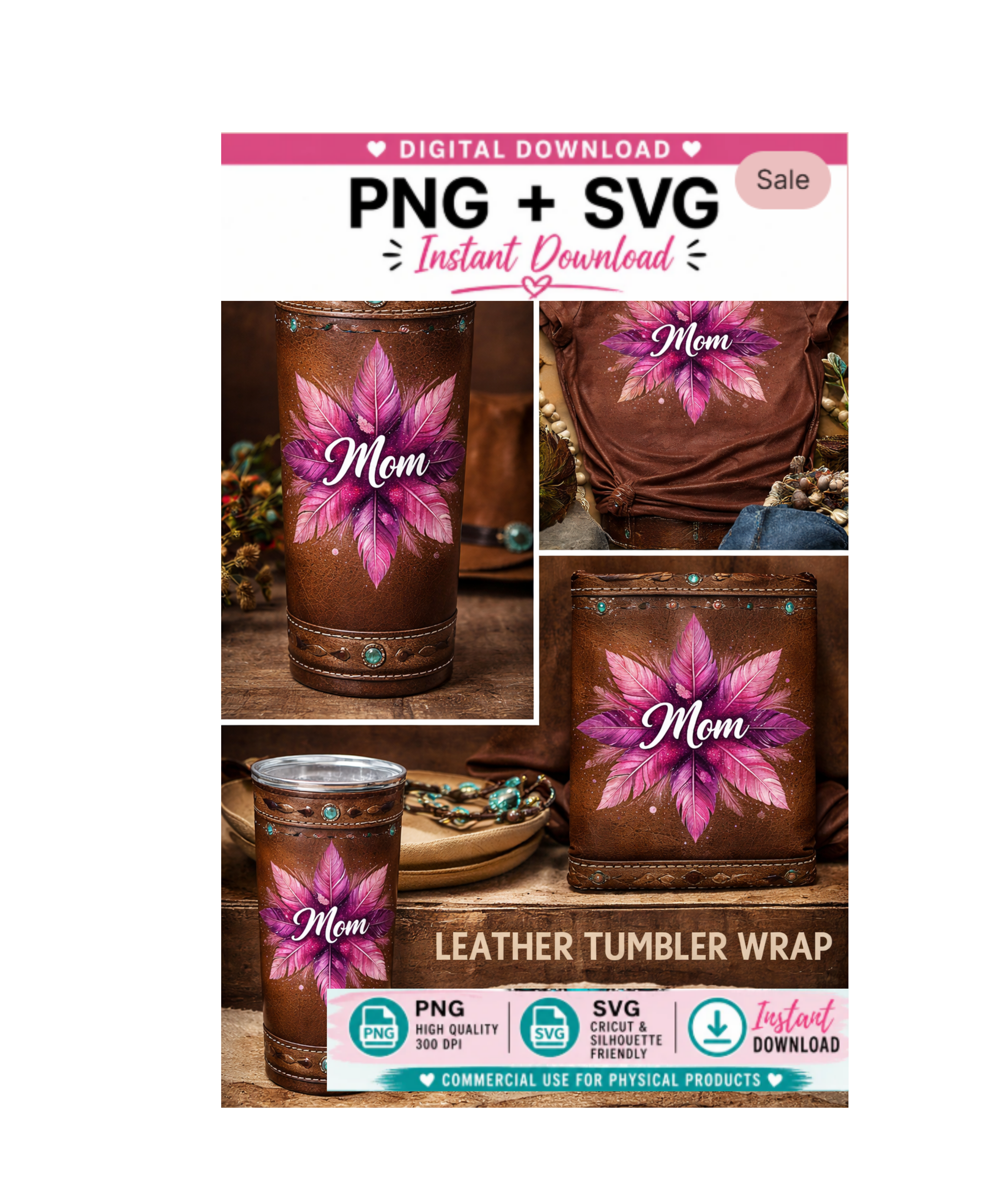 Western Leather Feather  Mom Tumbler Wrap  | 20oz Skinny Sublimation Design