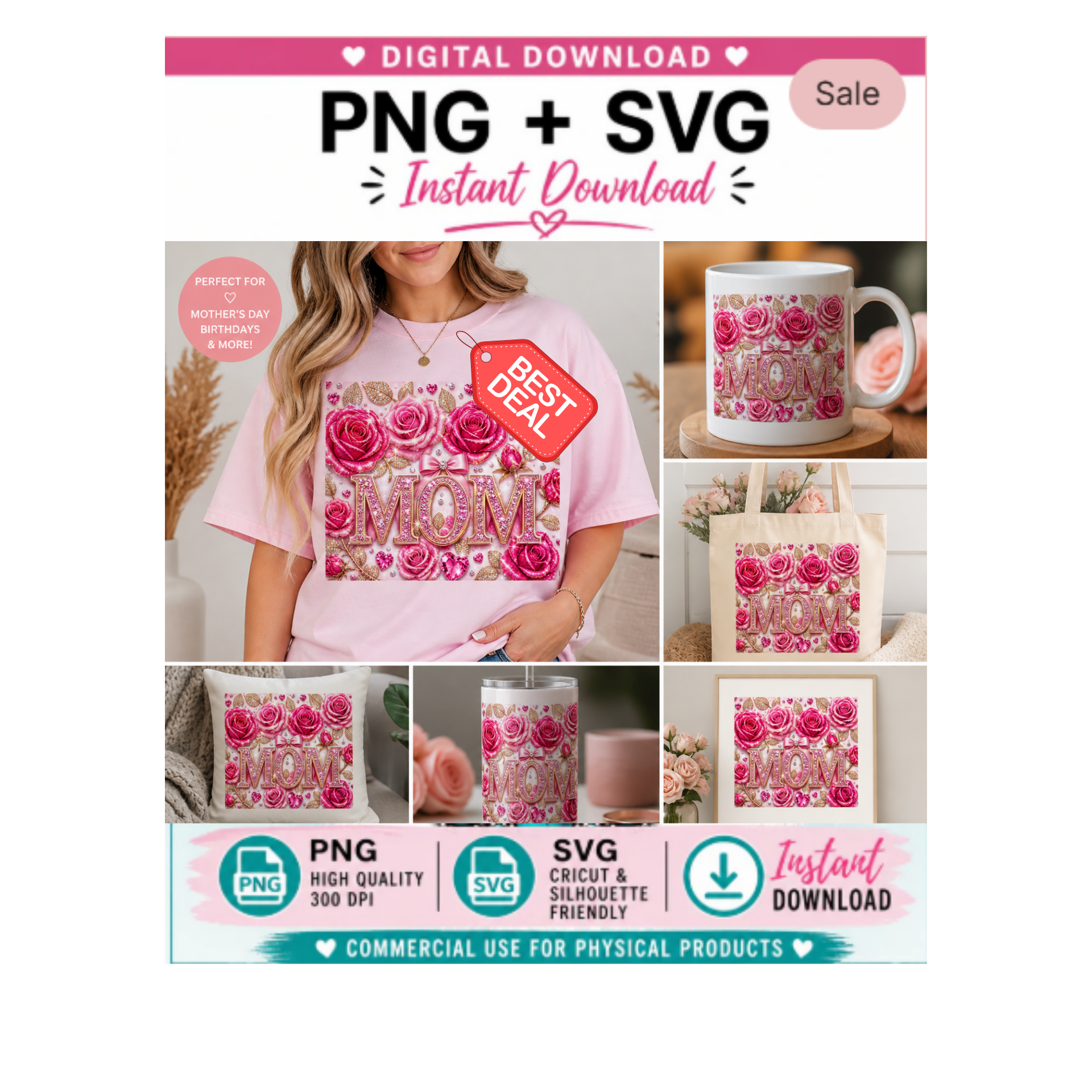 Beautiful Pink Rose MOM SVG 💕 | Sublimation Design for Gifts