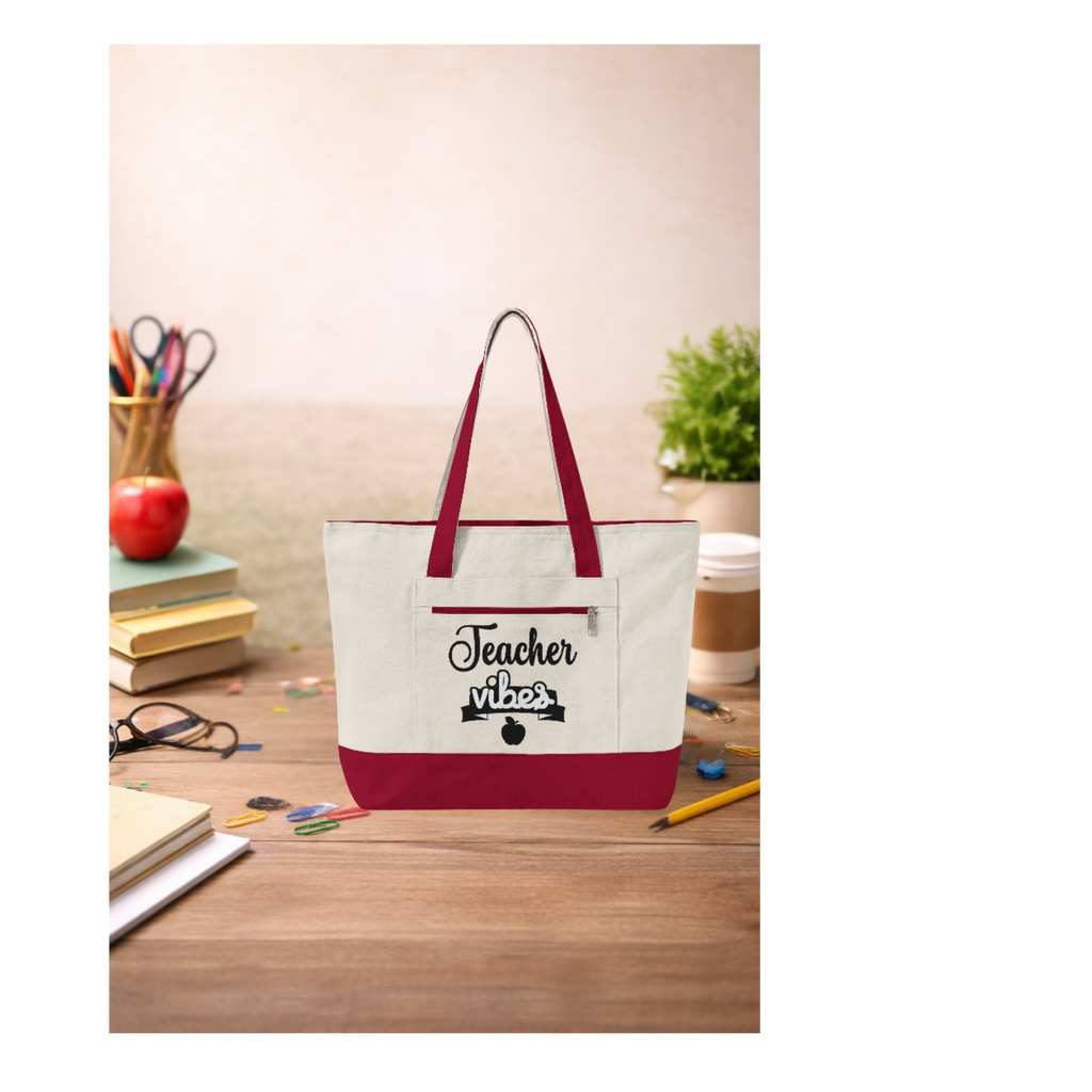 Teacher Vibes Zippered Canvas Tote