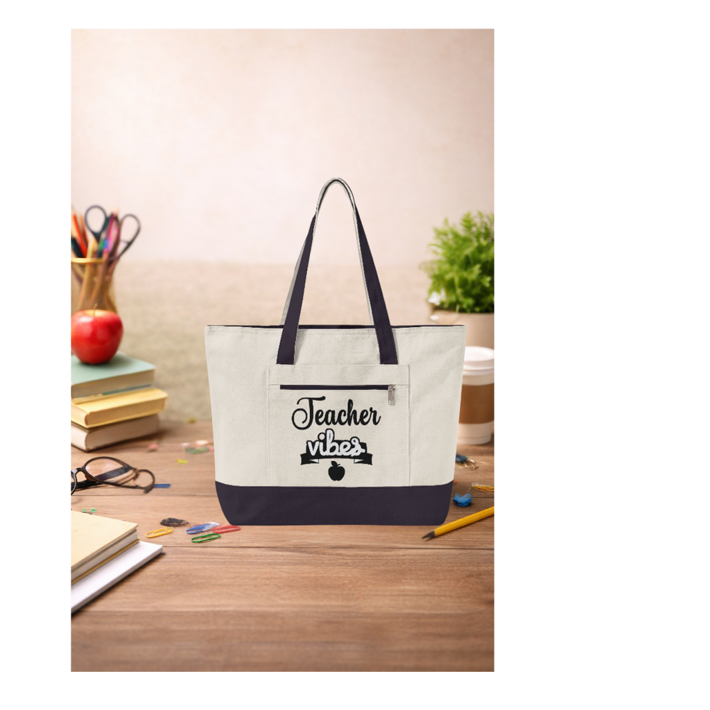 Teacher Vibes Zippered Canvas Tote