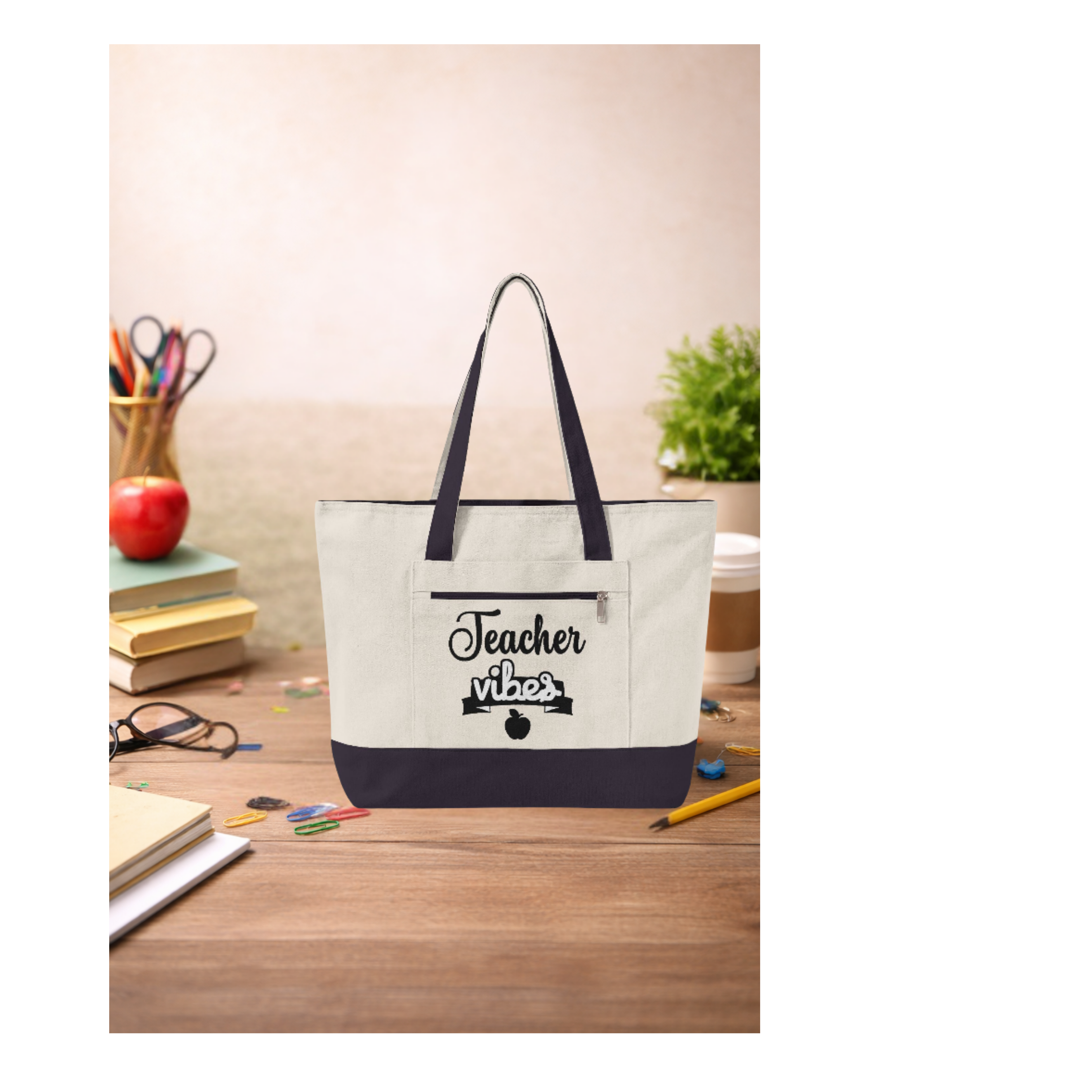 Teacher Vibes Zippered Canvas Tote